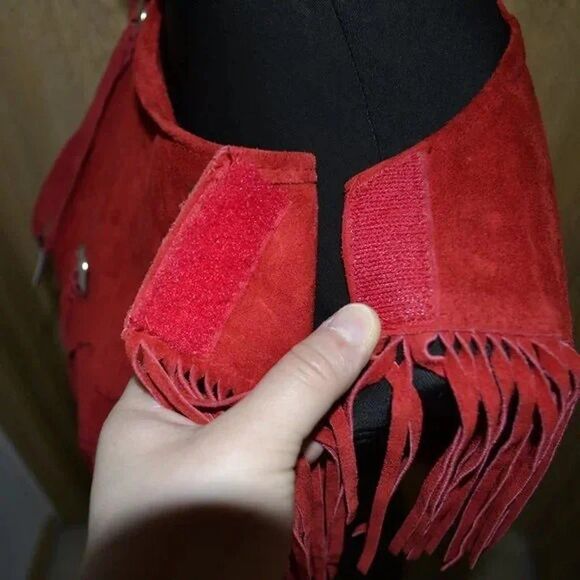 Vintage Pioneer Wear Red Genuine Leather Fringe Bib Shawl Made in USA Cowboy - Picture 10 of 11